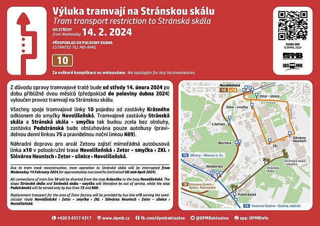 Od středy 14. února začíná výluka tramvají v Brně na Stránskou skálu.