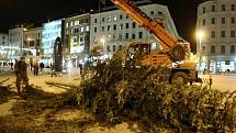 Vánoční strom na brněnském náměstí Svobody už zmizel. V pátek večer jej skáceli.