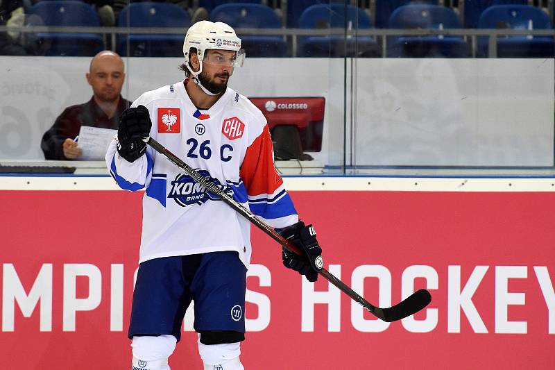 Zápas Ligy mistrů mezi Kometou Brno (Martin Zaťovič) a EV Zug ze Švýcarska.