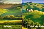 Zvlněné krajiny na Kyjovsku a v italském Toskánsku.