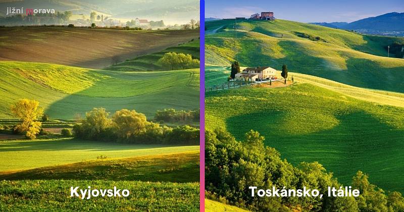 Zvlněné krajiny na Kyjovsku a v italském Toskánsku.