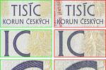 Tři různě velké detaily tiskového obrazce pravé bankovky a padělku.