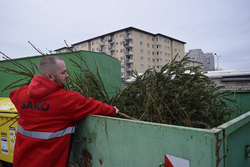 Sběrné středisko odpadu Dusíkova v Brně, kam lidé vozí Jakubu Doležalovi vánoční stromky.