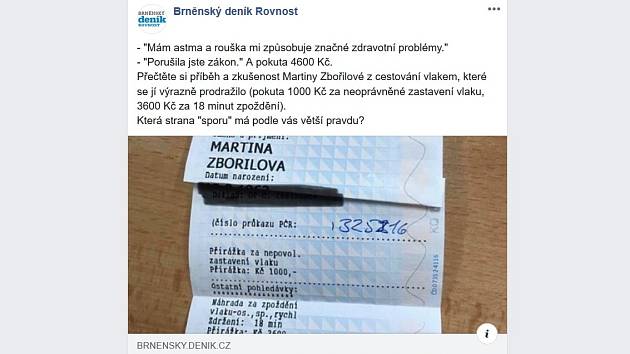 Příspěvek na facebookové stránce Brněnského deníku Rovnost o pokutované astmatičce.