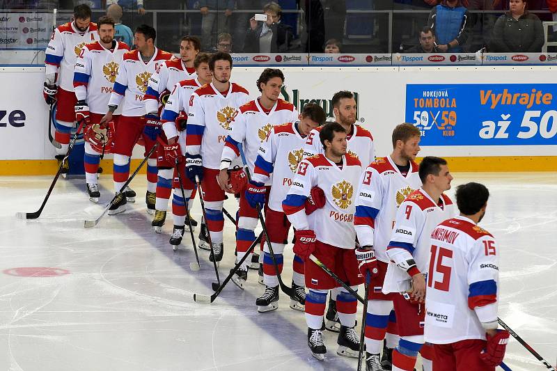 Carlson Hockey Games v brněnské DRFG aréně mezi Českem v červeném a Ruskem.