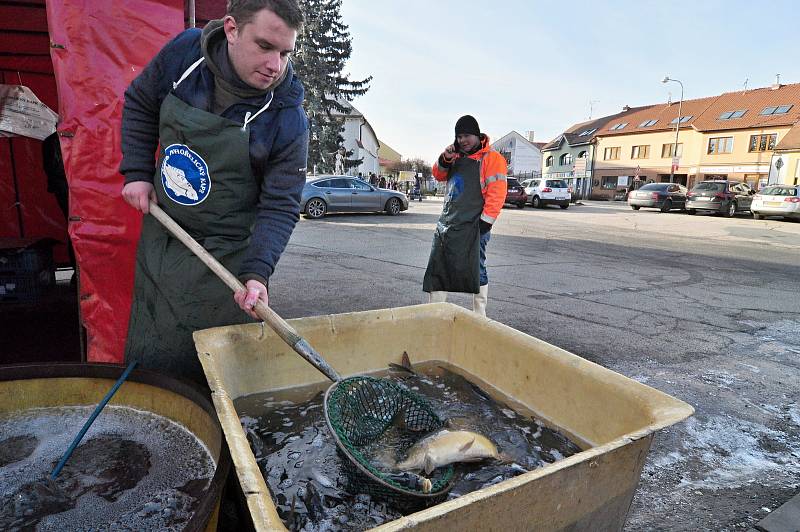 Prodej kaprů na náměstí v Pohořelicích na Brněnsku.