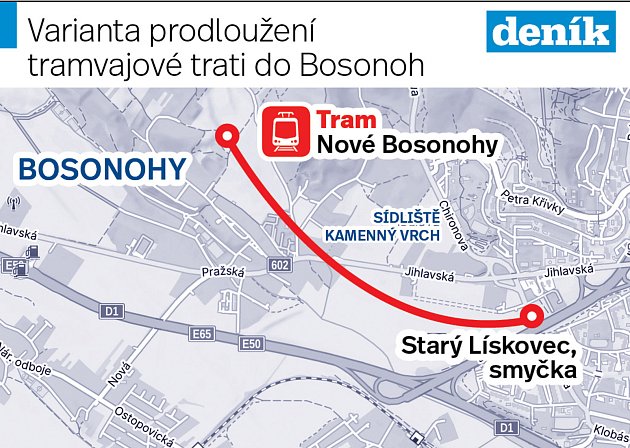 Plán prodloužení tramvajové trati v Brně do městské části Bosonohy.
