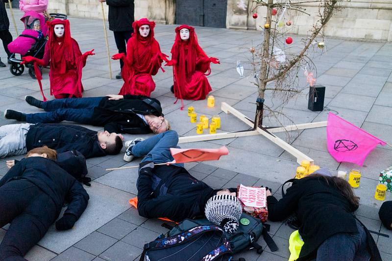 Vedle honosného vánočního stromu neslo hnutí Extinction Rebellion suchý strom ozdobený kostrami. Chtěli tak upozornit na nadměrnou spotřebu, která podle nich vrcholí právě Vánocemi.