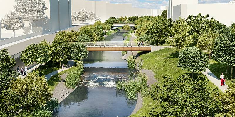 Budoucí podoba nábřeží Svratky v úseku mezi Riviérou a mostem u Uhelné ulice.
