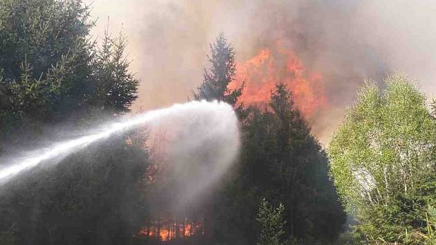 Hasiči při likvidaci požáru lesa nedaleko Újezdu u Rosic.