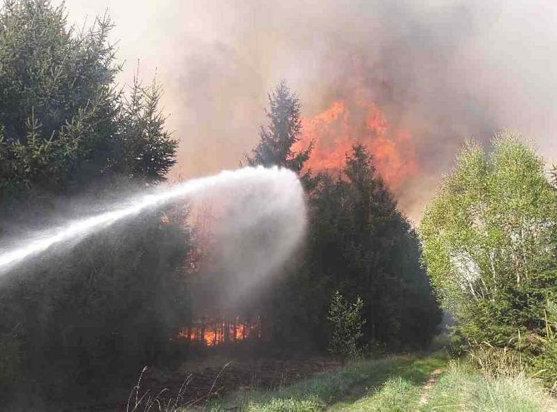 Hasiči likvidují požár lesa nedaleko Újezdu u Rosic.