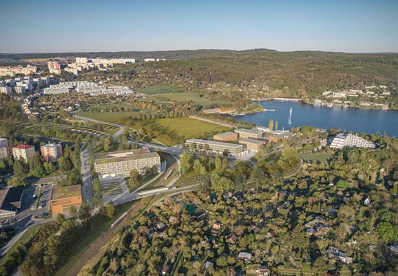 Letecký pohled na přístaviště na vizualizaci firmy knesl kynčl architekti a Projektová kancelář Ossendorf.