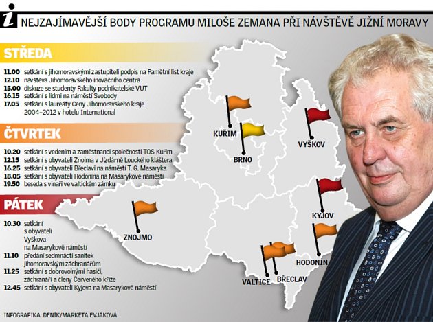 Nejzajímavější body programu Miloše Zemana při návštěvě jižní Moravy.