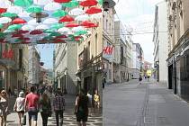 Srovnání pohledu na běžně zaplněnou Českou ulici v Brně se současným obrázkem za nouzového stavu a omezeného vycházení kvůli šíření koronaviru.