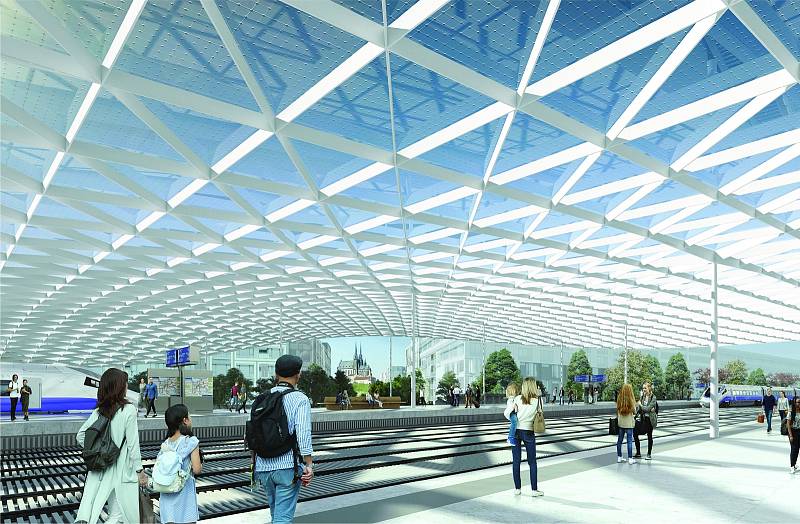 Třetí místo: návrh podoby nového hlavního vlakového nádraží v Brně od ingenhoven architects GmbH, Architektonická kancelář Burian-Křivinka, architekti Koleček-Jura.