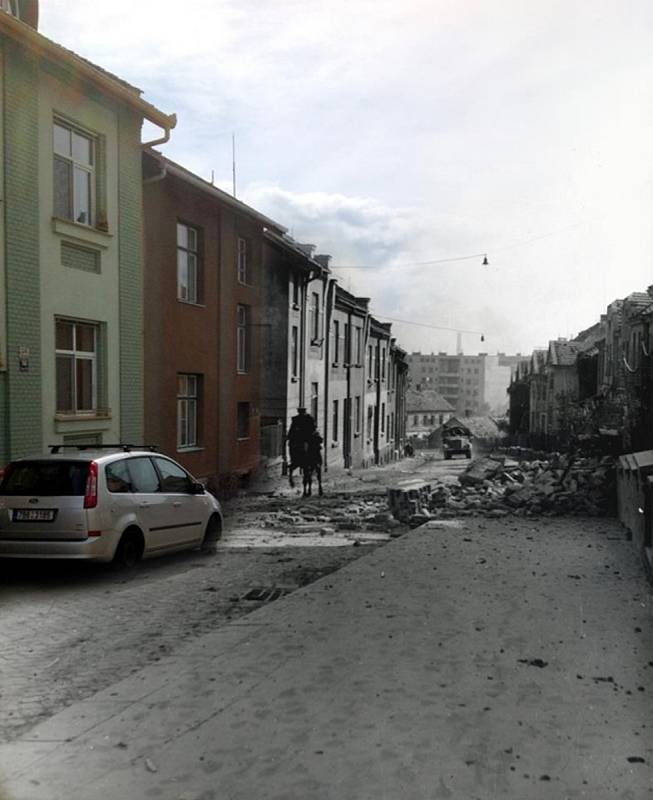 Unikátní snímky zachycující brněnské ulice dnes a před sedmdesáti lety v úterý zveřejnil Sokol Brno I na svém facebooku.