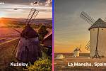 Větrný mlýn v Kuželově na Hodonínsku a větrný mlýn La Mancha ve Španělsku.