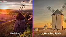 Větrný mlýn v Kuželově na Hodonínsku a větrný mlýn La Mancha ve Španělsku.
