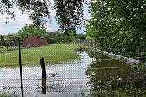 Rybník museli o víkendu po páteční večerní bouřce s přívalovým lijákem upouštět v Branišovicích na Brněnsku. Voda z potoka pak zalila zahrady.