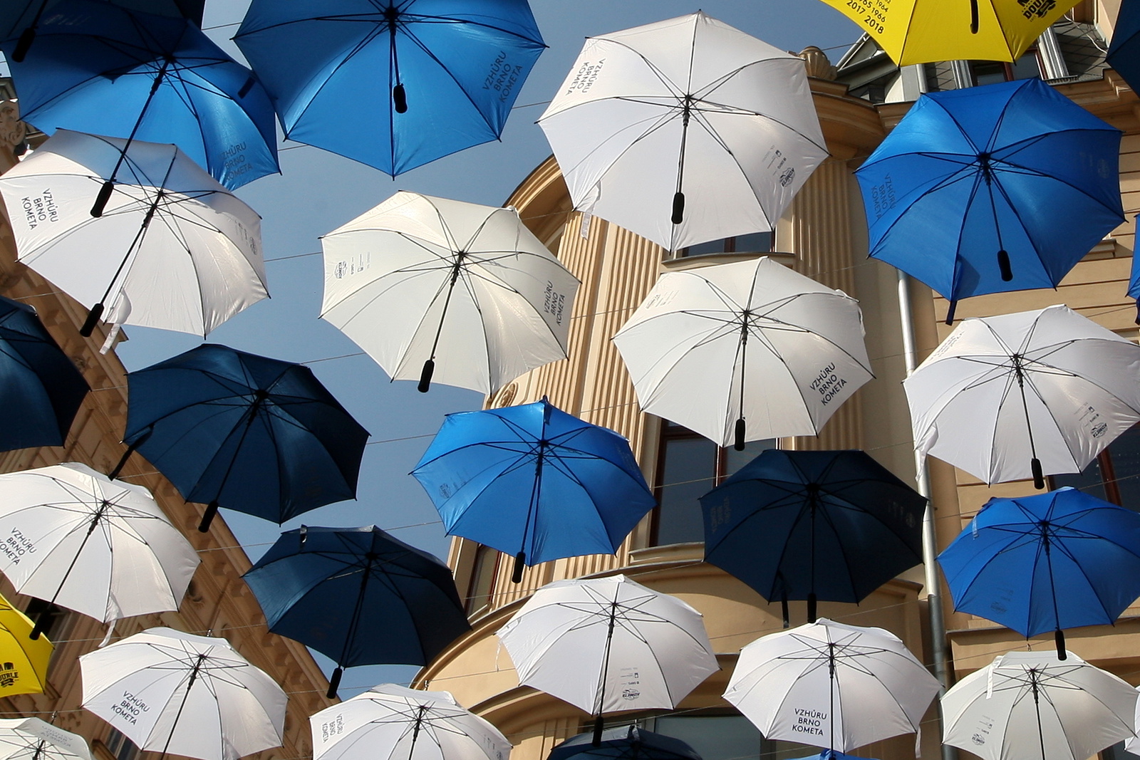 Českou ulici stíní stovky deštníků. Včetně třinácti žlutých jako titulů  Komety - Brněnský deník