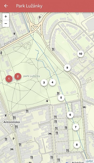 Mapa stanovišť na jedné z tras v nové aplikaci