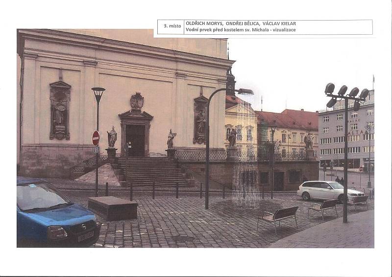 Třetí nejlepší návrh architektonické soutěže na vodní prvky na Dominikánském náměstí. Vizualizace vodního prvku před kostelem svatého Michala.