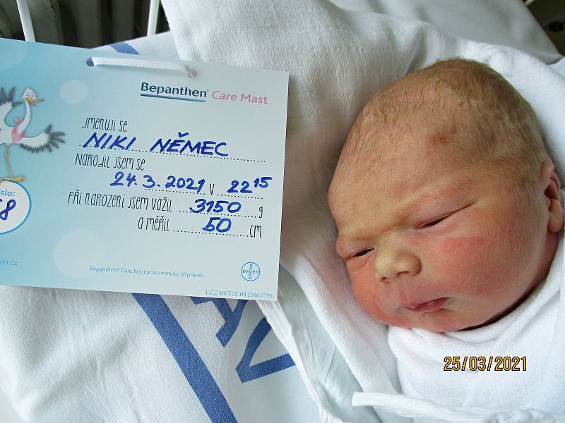 Niki Němec, 24. 3. 2021, Dubňany, Nemocnice Břeclav, 3150 g, 50 cm