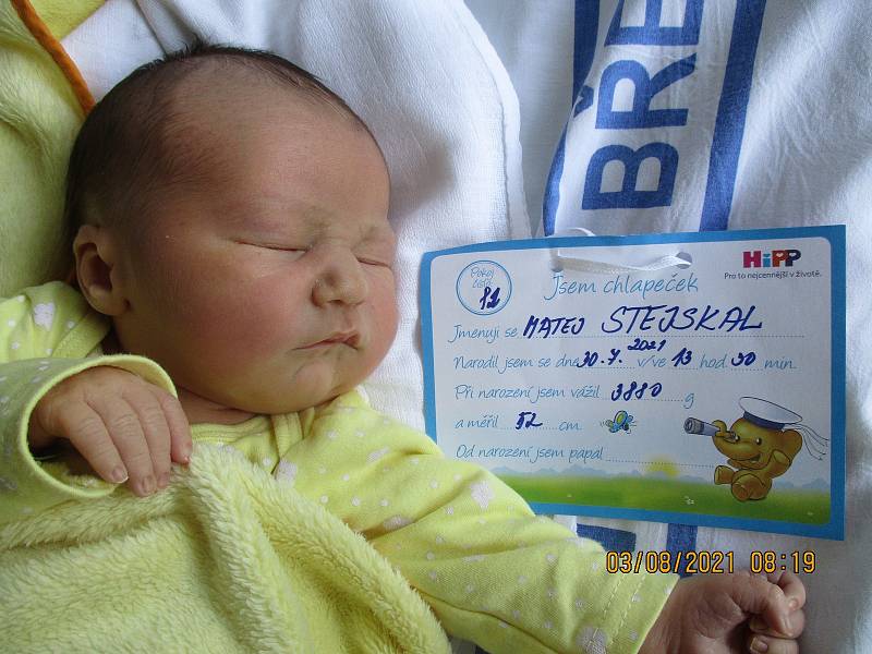 Mateo Stejskal, 30. 7. 2021, Březí u Mikulova, Nemocnice Břeclav, 3880 g, 52 cm