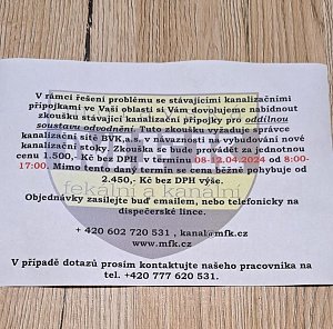 Leták společnosti Moravská fekální a kanální, která nabízí zkoušku kanalizační přípojky.