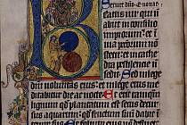 Iniciála ze středověkého rukopisu zobrazuje žehnajícího Krista. Na dolním okraji iniciály je sedící královna Eliška Rejčka u pultu s otevřenou knihou. 