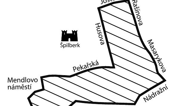Kde se hraje: Šrafovaná oblast vyznačuje část Brna, kde se od zítřka do 17. prosince koná hra Hledáme Rychlé šípy.