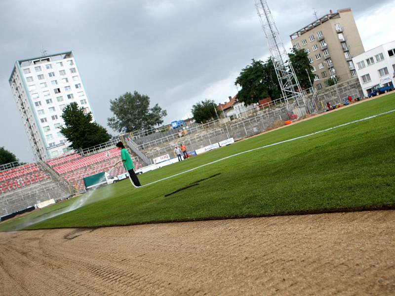 Pokládání nového trávníku na stadioně v Králově poli.