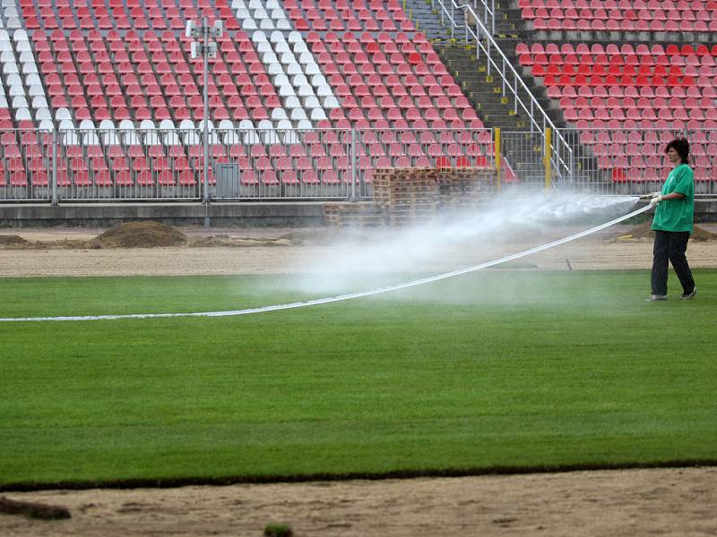 Pokládání nového trávníku na stadioně v Králově poli.