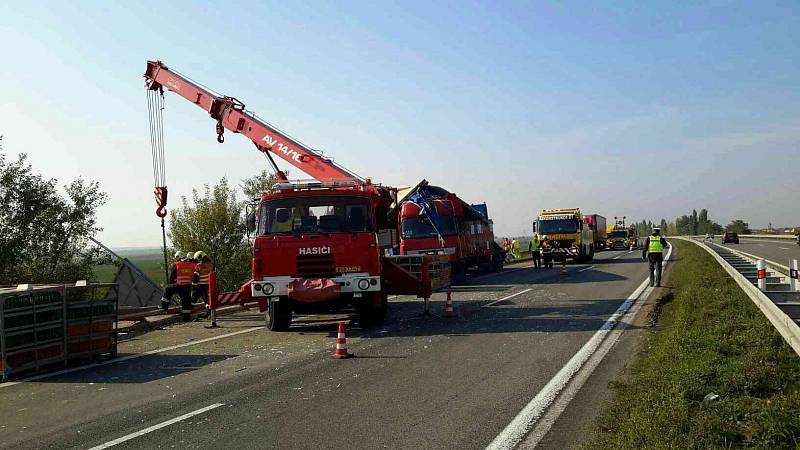 Nehoda dvou kamionů na D52 u Syrovic na Pohořelicku. Jeden z nich vezl živá kuřata.