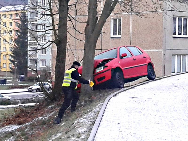 Řidičku v Kraslicích zaskočila zledovatělá silnice v ulici Boženy Němcové. S autem se začala točit a zastavil ji až strom.