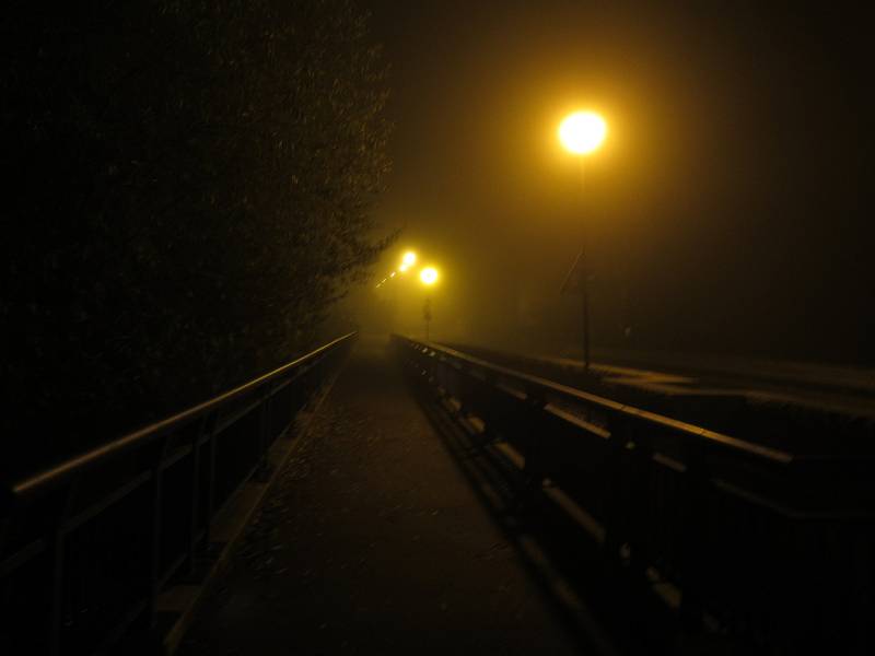 Jihočeská města se po setmění mění v liduprázdné osady, atmosféru tento víkend umocnila ještě mlha. Snímek je ze Sezimova Ústí.