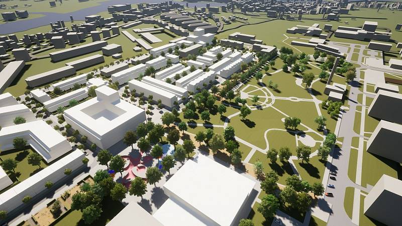 Návrh nové čtvrti Dvorce v Táboře přináší odvážné pojetí zástavby i parku.