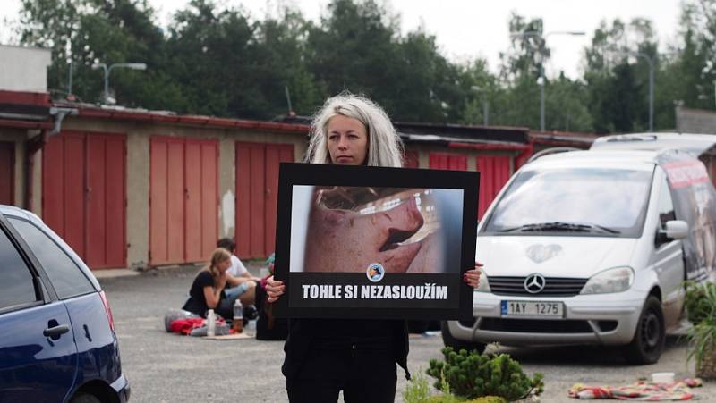 Mladí lidé se snažili pomocí transparentů oslovit veřejnost před jatky v Plané.