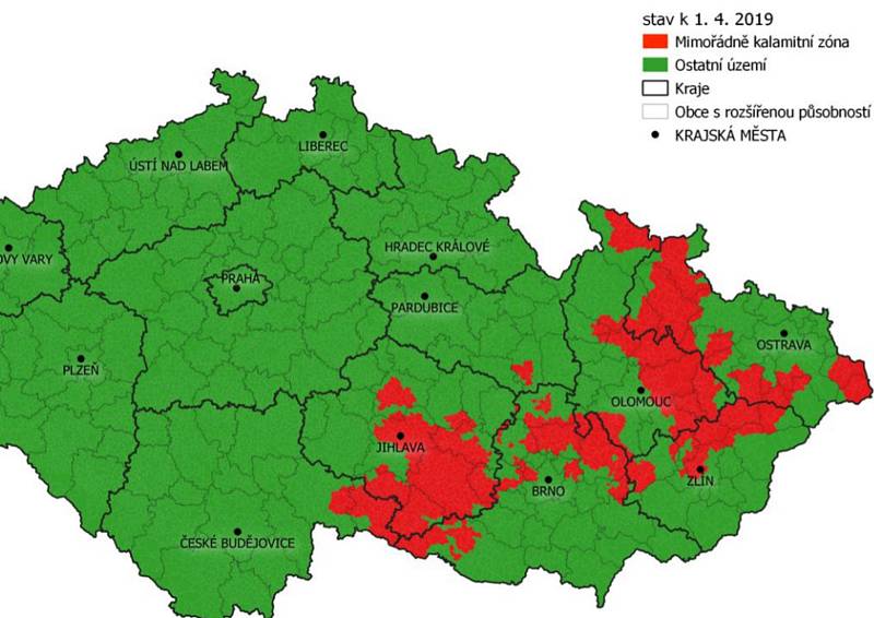 Rajonizace území ČR k 1. dubnu.