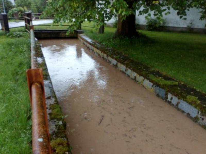 Svinenský potok v obci Sviny na Táborsku je plný.