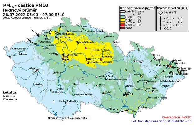 Zvýšené koncentrace související prokazatelně požárem ve Hřensku byly zaznamenány na rozsáhlém území ČR. Příkladem je odhad průměrných 1h koncentrací PM10 mezi 6 a 7 h SELČ na následujícím obrázku.