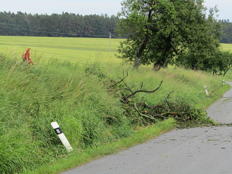 Bouřka 16. června odpoledne se prohnala i okolí Želče a Skalice na Táborsku, zanechala za sebou kroupy i zničené stromy u silnic.