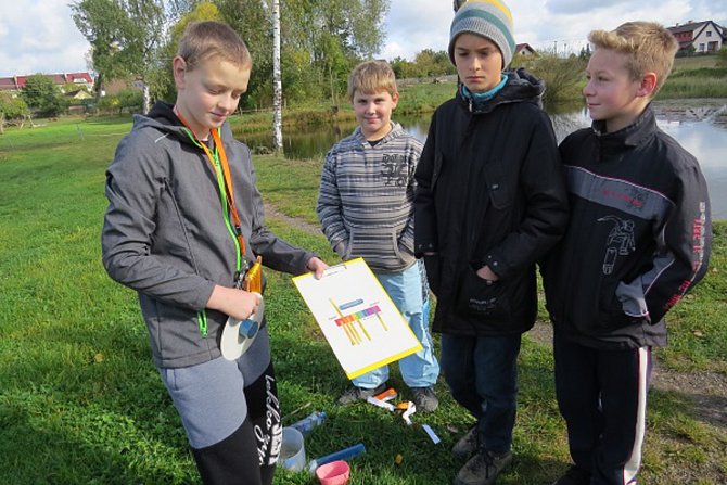 Opařanští školáci měří pH vody rybníku.