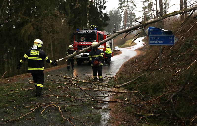 Dobrovolní hasiči odstraňují větrem skácený strom ze silnice u Michalových Hor.