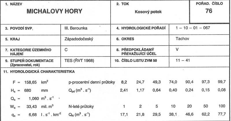 Zamýšlené stavby přehrad. Část technického popisu díla Michalovy Hory