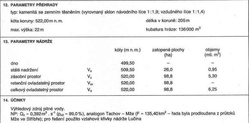 Zamýšlené stavby přehrad. Část technického popisu díla Michalovy Hory