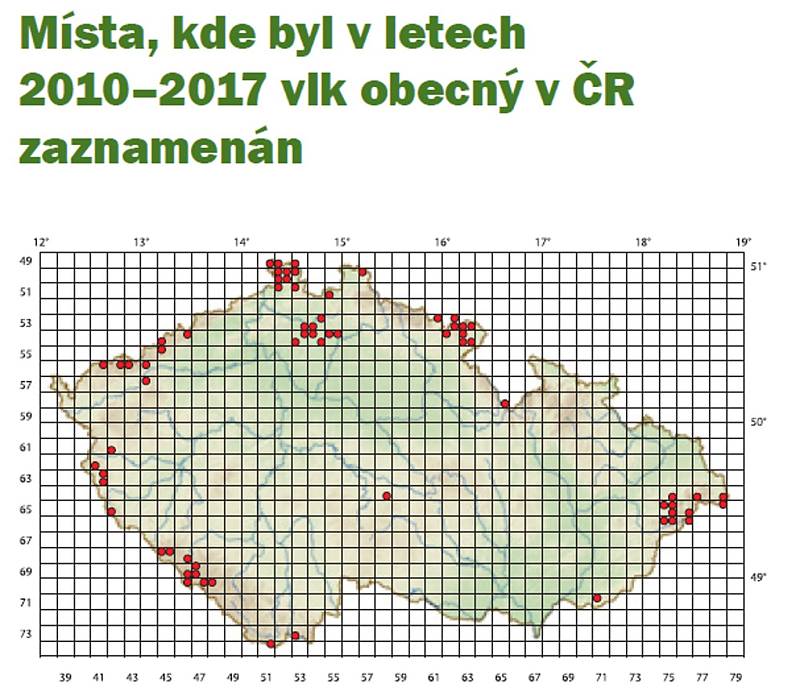 Místa zaznamenaného výskytu vlka v ČR.