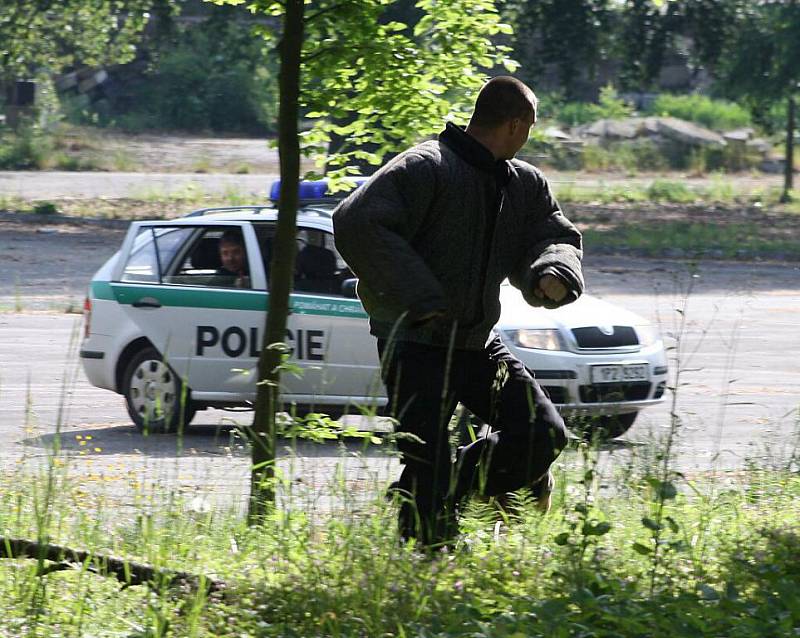 Hasiči předvedli dětem záchranu osoby z druhého patra hořícího zámku v Chodové Plané a policie ukázala výcvik psů.