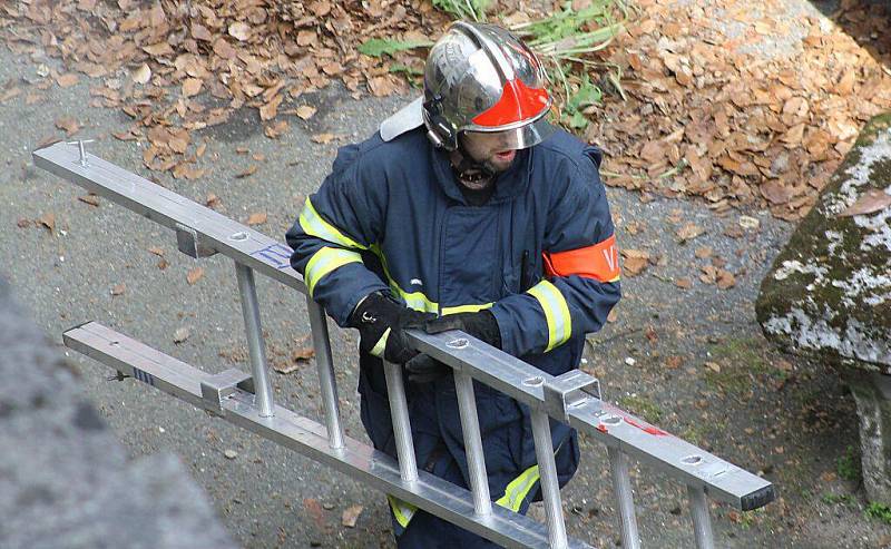 Hasiči předvedli dětem záchranu osoby z druhého patra hořícího zámku v Chodové Plané a policie ukázala výcvik psů.