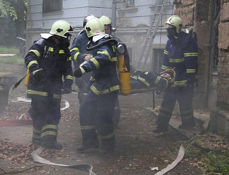 Hasiči předvedli dětem záchranu osoby z druhého patra hořícího zámku v Chodové Plané a policie ukázala výcvik psů.